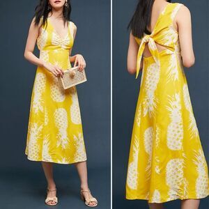 Anthropologie Maeve Pineapple Midi Dress Yellow Linen Tropical Dress Size 12P